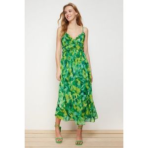 Trendyol Green Floral Print A-Cut Ruffle Detailed Lined Chiffon Maxi Woven Dress obraz