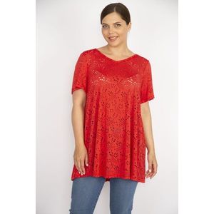 Şans Women's Pomegranate Plus Size Hole Fabric V-Neck Short Sleeve Blouse obraz