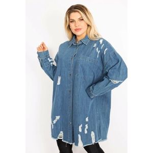 Şans Women's Plus Size Blue Ripped Detailed Loose Cut Oversized Denim Tunic Jacket obraz