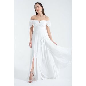 Lafaba Women's White Open Shoulder Slit Detailed Tulle Evening Dress obraz