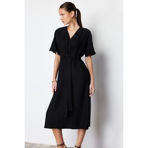 Trendyol Black Tie Detailed A-line V-neck Midi Woven Dress obraz