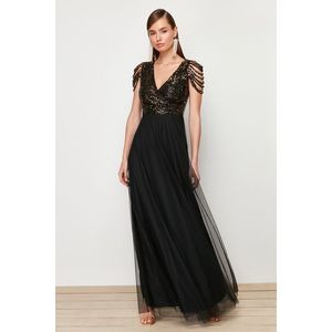 Trendyol Black Tulle Sequined Long Elegant Evening Dress obraz