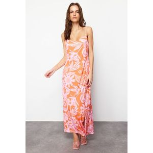 Trendyol Orange Printed A-line/Bell Form Slit Stretchy Knitted Maxi Dress obraz