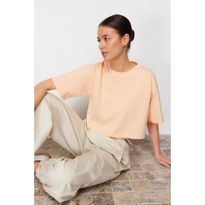 Trendyol Premium Peach 100% Cotton Basic Crop Knitted T-Shirt obraz