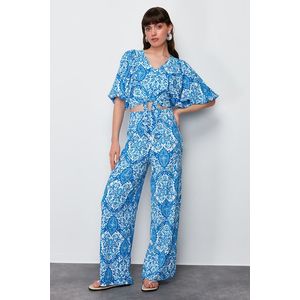 Trendyol Blue Printed V-Neck Balloon Sleeve Relaxed/Comfortable Cut Textured Flexible Knitted Bottom-Top Suit obraz