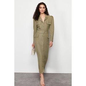 Trendyol Khaki Belted Linen Look Woven Shirt Dress obraz