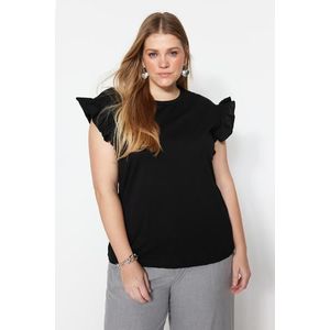 Trendyol Curve Black Crew Neck Sleeves Frilly Knitted T-Shirt obraz