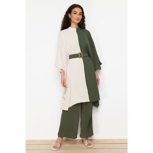 Trendyol Khaki Color Block Waist Belted Tunic-Pants Woven Suit obraz