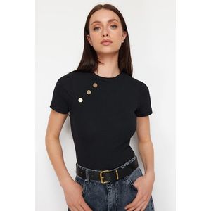 Trendyol Black Button Detailed Ribbed Fitted/Fitted Stretch Knitted Blouse obraz