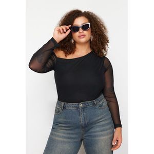 Trendyol Curve Black Tulle Lined Asymmetric Collar Knitted Blouse obraz