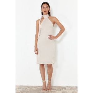 Trendyol Stone Straight Knitted Dress with Tie Detail at the Throat obraz