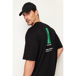 Trendyol Black Oversize/Wide Cut Crew Neck Text Printed 100% Cotton T-Shirt obraz