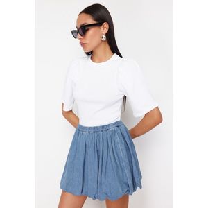 Trendyol White Balloon Sleeve Crew Neck Ribbed Stretchy Knitted Blouse obraz