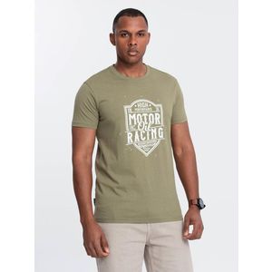 Ombre Men's motorcycle style printed t-shirt - olive obraz