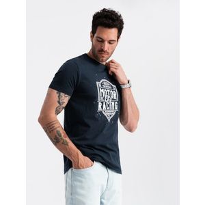 Ombre Men's motorcycle style printed t-shirt - navy blue obraz