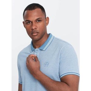 Ombre Men's melange polo shirt with striped collar - blue melange obraz