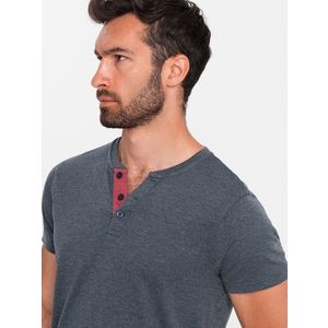 Ombre Men's T-shirt with unbuttoned round henley neckline - navy blue obraz