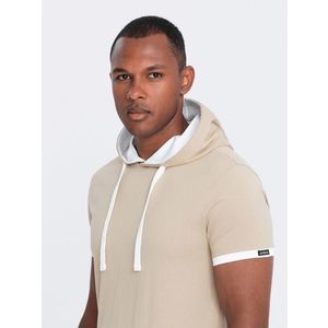 Ombre Men's casual cotton t-shirt with hood - beige obraz