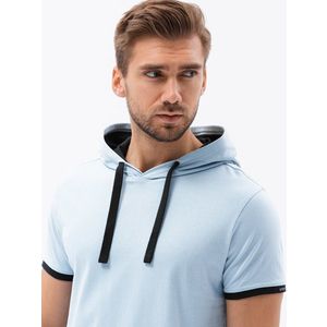 Ombre Men's casual cotton t-shirt with hood - light blue obraz