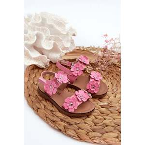 Lakované dětské sandály zdobené květinami, růžový tinette obraz