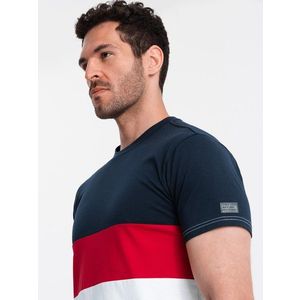 Ombre Men's tricolor T-shirt with wide stripes - navy obraz