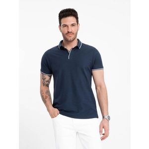 Ombre Men's pique knit polo shirt without buttons - navy blue obraz