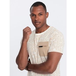 Ombre Men's cotton t-shirt with letter print and pocket - cream and brown obraz