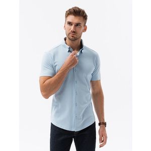 Ombre Men's knitted slim fit shirt with short sleeves and collar - blue obraz