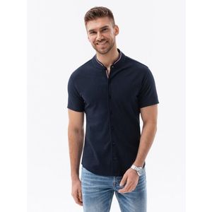 Ombre Men's knitted shirt with short sleeves and collared collar - navy blue obraz