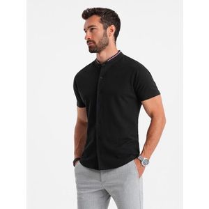 Ombre Men's knit shirt with short sleeves and collared collar - black obraz