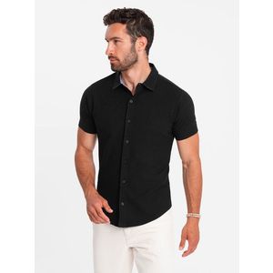 Ombre Men's knitted slim fit shirt with short sleeves and collar - black obraz