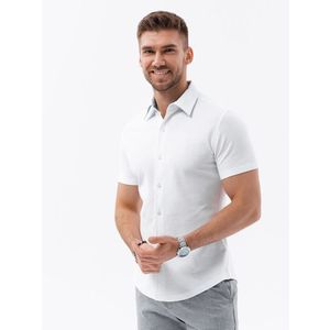 Ombre Men's knitted slim fit shirt with short sleeves and collar - white obraz