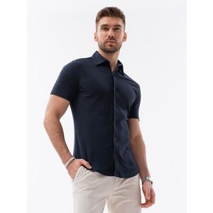Ombre Men's slim fit knit shirt with short sleeves and collar - navy blue obraz