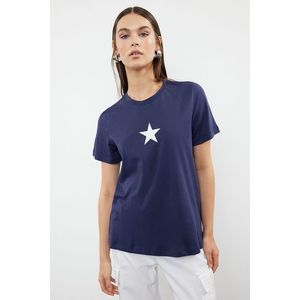 Trendyol Navy Blue 100% Cotton Star Printed Regular/Normal Pattern Crew Neck Knitted T-Shirt obraz