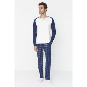 Trendyol Navy Blue 100% Cotton Plaid Knitted Pajama Set obraz