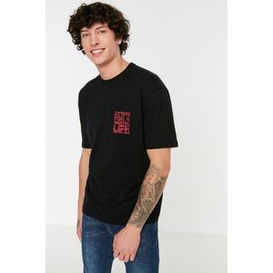 Trendyol Black Relaxed/Casual Cut Crew Neck Text Printed 100% Cotton T-Shirt obraz