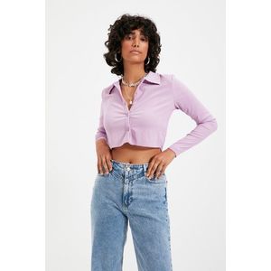 Trendyol Lilac Button Fitted Polo Neck Wrap/Textured Crop Knitted Blouse obraz