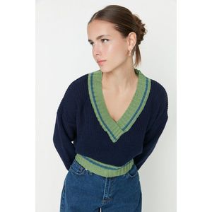 Trendyol Navy Blue Crop V-Neck Knitwear Sweater obraz