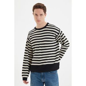 Trendyol Black Oversize Fit Wide Fit Crew Neck Striped Knitwear Sweater obraz