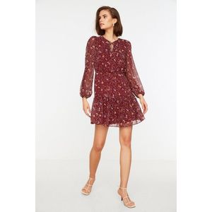 Trendyol Burgundy Woven Lined Chiffon Floral Pattern Foulard Collar Mini Woven Dress obraz