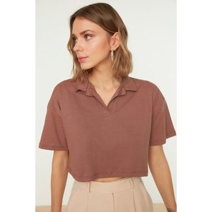 Trendyol Brown 100% Cotton Crop Polo Neck Knitted T-Shirt obraz