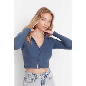 Trendyol Indigo Button Detail, Fitted Crop Polo Neck Ribbed Stretch Knitted Blouse obraz