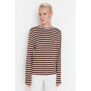 Trendyol Brown Striped Basic Crew Neck Knitted T-shirt obraz