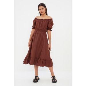 Trendyol Brown Waist Gimped Midi Woven Linen Look Dress obraz