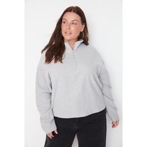 Trendyol Curve Gray Stand-Up Collar Zippered Thessaloniki Thin, Knitted Sweatshirt obraz