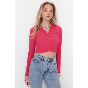 Trendyol Fuchsia Buttoned Fitted Polo Neck Wrap/Textured Crop Knitted Blouse obraz