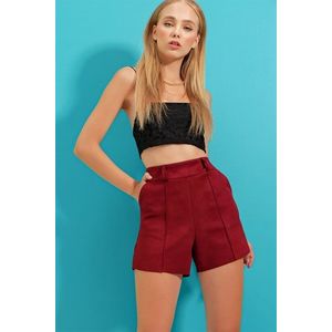 Trend Alaçatı Stili Women's Claret Red High Waist Suede Shorts with Double Pockets and Stitching at the Front obraz