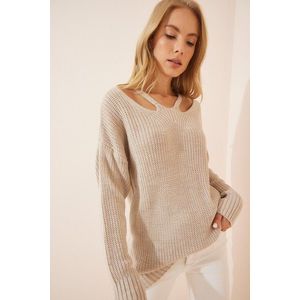 Happiness İstanbul Women's Beige Cut Out Detailed Oversized Long Knitwear obraz