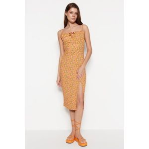 Trendyol Orange Printed Ruffle and Slit Detailed Fitted Midi Knitted Dress obraz