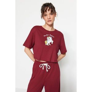 Trendyol Burgundy Cotton Printed T-shirt-Pants Knitted Pajamas Set obraz